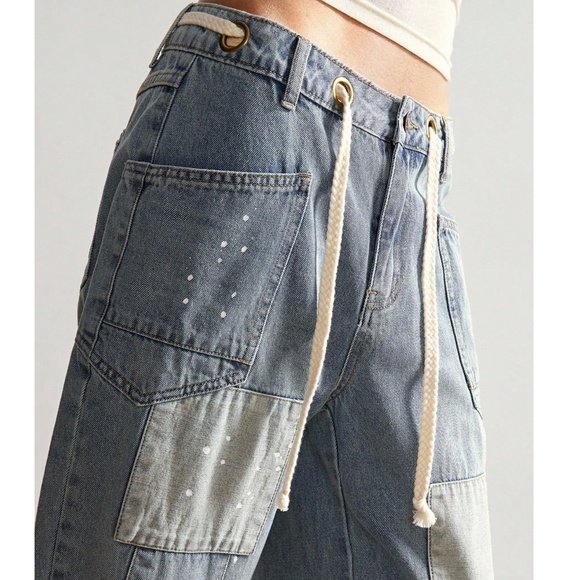 Medium Wash Speckled Color Block Wide leg Denim Jeans - Picture 4 of 6